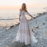 Msddl Back to school Bohemian Wedding Dresses 2023 Off Shoulder Lace Appliques Bridal Gowns Sexy Backless Beach A Line Wedding Dress Robe De Mariee