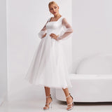 Msddl Back to school Charming Tea Length Wedding Dress 2023 Square Neck Tulle Transparent Long Sleeve Lace Up Back Bridal Gowns