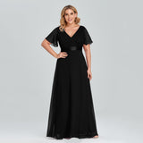 Msddl  Plus Size Women Chiffon Evening Dress Ruffe Sleeve A Line Wedding Party Dresses Floor Length V Neck Robe De Soriee Prom Gowns