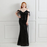 Msddl  Plus Size Off Shoulder Full Cocktail Dress Tassels Sleeve Sequins Party Dresses Women Sexy Mermaid Prom Gowns Luxurious Fomal