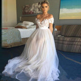 Msddl Back to school Off The Shoulder Boho Wedding Dresses A Line White Ivory A Line Appliques Lace Tulle Short Sleeves Beach Bridal Gown 2023