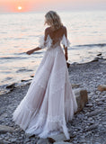 Msddl Back to school Bohemian Wedding Dresses 2023 Off Shoulder Lace Appliques Bridal Gowns Sexy Backless Beach A Line Wedding Dress Robe De Mariee