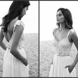 Msddl Back to school Smileven 2 Piece Lace Boho Wedding Dress 2023 Spaghetti Neck Beads Backless Bride Gowns Sweep Train Beach Chiffon Wedding Dress