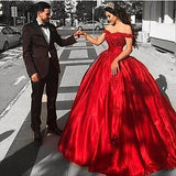 Msddl Back to school Smileven Red Ball Gown Wedding Dress Lace Bridal Dress Off The Shoulder Sexy Lace Up Back Wedding Gowns Floor Length