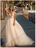 Msddl Back to school Lorie Boho Wedding Dress 2023 Lace Appliques Beach Bride Dresses Illusion Back Puff Tulle Wedding Gowns Backless Floor Length