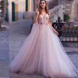 Msddl Back to school Boho Wedding Dress 2023 3D Flowers Light Purple Beach Bride Dresses Backless Puff Tulle Wedding Gowns Long Train Floor Length