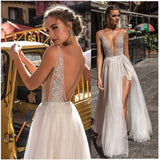 Msddl Back to school Smileven Beach Wedding Dress Backless Lace Bride Dress Sexy Side Split 2023 Lace Appliques Boho Long Bridal Gown