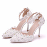 Msddl Sandals Woman Lace Wedding Shoes Bride High Heels Party Ladies Shoes Women Rhinestone Pointed Toe Pumps SIZE 42