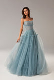 Msddl Blush Pink/Blue Long Prom Dresses Spaghetti Straps Tiered Skirt A-Line Party Dresses Pleated Tulle Formal Gowns