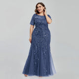 Msddl  Women Plus Size Sequin Mesh Embroidery Mermaid  Evening Dress Formal Short Sleeve Elegant Party Prom Gowns 2023 New Long Dress