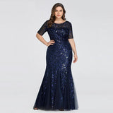 Msddl  Plus Size Sequin Mesh Mermaid Slim Evening Dress Beaded Leaves Pattern Formal  Women Elegant Party Prom Gowns Short Sleeve