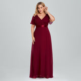 Msddl  Plus Size Women Chiffon Evening Dress Ruffe Sleeve A Line Wedding Party Dresses Floor Length V Neck Robe De Soriee Prom Gowns