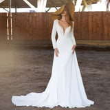 Msddl Back to school Wedding Dress Long Sleeve Deep V-Neck 2023 Fashion Custom Made Sweep Train A Line Backless Bridal Gowns