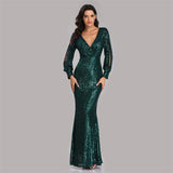 Msddl  Women Formal Party Dresses Full Sleeve V Neck Cocktail Dress Shinning Sequins Mermaid Prom Gowns Eleagent Floor Length Vestidoes