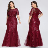 Msddl  Plus Size Sequin Mesh Mermaid Slim Evening Dress Beaded Leaves Pattern Formal  Women Elegant Party Prom Gowns Short Sleeve