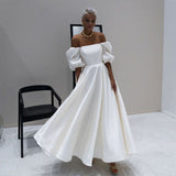 Msddl Back to school Vintage Satin Wedding Dresses Off The Shoulder Short Puffy Sleeves Ankle Length A-Line Simple Wedding Party Gowns