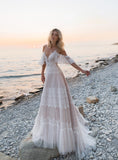 Msddl Back to school Bohemian Wedding Dresses 2023 Off Shoulder Lace Appliques Bridal Gowns Sexy Backless Beach A Line Wedding Dress Robe De Mariee