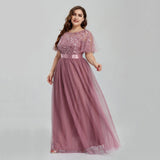 Msddl  Women's Plus Size Mesh A-Line Sequin Embroidery Evening Dress Leaf  Maxi Prom Dress With Sleeves For Wedding Dress 2023