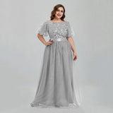 Msddl  Women's Plus Size Mesh A-Line Sequin Embroidery Evening Dress Leaf  Maxi Prom Dress With Sleeves For Wedding Dress 2023