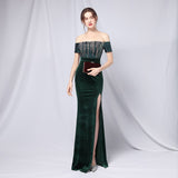 Msddl  2023 New Elegant Strapless Velour Evening Party Dress Burgundy Sequin Velvet Maxi Dress Women Off Shoulder Long Prom Dresses