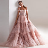 Msddl Dusty Pink Long Prom Dresses Sweetheart Crumpled Tulle Ruffles Evening Dresses Off Shoulder Tiered A-Line Party Dress