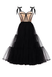 Msddl  Black Puffy Tulle Prom Dresses Spaghetti Straps Midi Prom Gowns Open Back Tea-Length A-Line Formal Party Dress