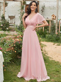 Msddl  Women Pink Bridesmaid Dresses Long Elegant A Line V Neck Ruffles Chiffon Formal Wedding Party Dress 2023 New Long Prom Dress