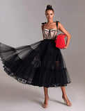 Msddl  Black Puffy Tulle Prom Dresses Spaghetti Straps Midi Prom Gowns Open Back Tea-Length A-Line Formal Party Dress