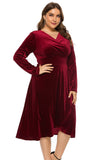 Msddl  Women's Retro Velvet Long Sleeve V-Neck A-Line Cocktail Dress Burgundy Long Sleeve Party Dress 2023 New  Short Prom Dress