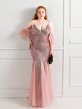 Msddl  Spaghetti Strap Cocktail Dress Tulle Sequins Mermaid Full  Plus Size Ruffles Sleeve Off The Shoulder Party Prom Gowns