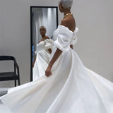 Msddl Back to school Vintage Satin Wedding Dresses Off The Shoulder Short Puffy Sleeves Ankle Length A-Line Simple Wedding Party Gowns