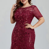 Msddl  Women Plus Size Sequin Mesh Embroidery Mermaid  Evening Dress Formal Short Sleeve Elegant Party Prom Gowns 2023 New Long Dress