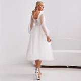 Msddl Back to school Charming Tea Length Wedding Dress 2023 Square Neck Tulle Transparent Long Sleeve Lace Up Back Bridal Gowns