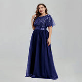 Msddl  Women's Plus Size Mesh A-Line Sequin Embroidery Evening Dress Leaf  Maxi Prom Dress With Sleeves For Wedding Dress 2023