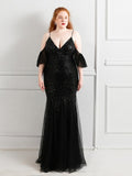 Msddl  Spaghetti Strap Cocktail Dress Tulle Sequins Mermaid Full  Plus Size Ruffles Sleeve Off The Shoulder Party Prom Gowns