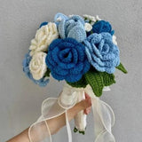 Msddl 1Bunch Finished Product Knitted Flower Rose Holding Flowers Wedding Decorate Hand-woven Bouquet Birthday Gift Artificial Flowers