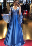 Msddl  2023 New Arrival Royal Blue Sequin Appliques Evening Dresses Long Trumpet Sleeve 2023 Satin A-Line Shiny Party Prom Gowns