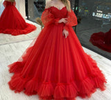 Msddl  Luxury Strapless Glamorous Red Prom Dress Sweetheart Neck With Lace Appliques Tulle Puffy Sleeves Prom Gowns Lace Up Back