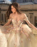 Msddl Fairy Ball Gown Prom Dresses 3D Flowers Beading Lace Appliques Sweetheart Off the Shoulder Formal Dress Evening Gown