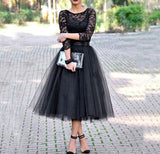 Msddl  Vintage Black Lace Short Prom Dresses Iillusion Long Sleeves Tea Length Soft Tulle Formal Evening Gowns With Sashes 2023