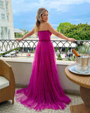 Msddl  Sexy Fuchsia Tiered Tulle Long Prom Dresses 2023 A Line Sweetheart Neck With Belt Zipper Back Formal Evening Party Gowns