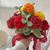 Msddl 1Bunch Finished Product Knitted Flower Rose Holding Flowers Wedding Decorate Hand-woven Bouquet Birthday Gift Artificial Flowers