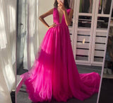 Msddl  New Arrival Fuchsia Deep V-Neck Prom Dresses 2023 Backless Side Slit Maxi Evening Dresses A-Line Tulle Formal Party Gowns