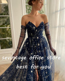 Msddl Glitter Navy Blue Starry Tulle Prom Dresses V-Neck Side Split Saudi Arabic Women A-Line Formal Evening Party Gowns