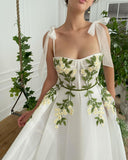 Msddl White Flowers Appliques Prom Dresses Bow Straps Tea-Length A-Line Evening Dress Wedding Party Gowns with Pockets