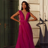 Msddl  New Arrival Fuchsia Deep V-Neck Prom Dresses 2023 Backless Side Slit Maxi Evening Dresses A-Line Tulle Formal Party Gowns