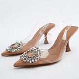 Msddl TRAF Womens Transparent Pumps Woman High Heels Luxury Sparkly Bow Slingback Pumps Clear Rhinestone Weddings Bridal Sandals