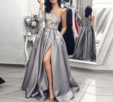 Msddl  Grey A Line Sexy One Shoulder Prom Dress Flower Printed Long Sleeve Satin Side Split Evening Party Dress Vestidos De Fies