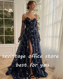 Msddl Glitter Navy Blue Starry Tulle Prom Dresses V-Neck Side Split Saudi Arabic Women A-Line Formal Evening Party Gowns