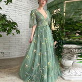 Msddl Green Embroidery Lace Prom Dresses Puff Sleeves A-Line Long Wedding Party Gowns Open Back Tulle Evening Dress